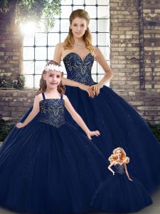 Navy Blue Sleeveless Floor Length Beading Lace Up Sweet 16 Quinceanera Dress