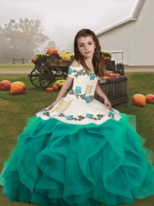 Most Popular Floor Length Teal Child Pageant Dress Straps Sleeveless Lace Up