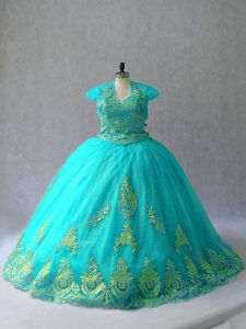 Customized Aqua Blue Tulle Lace Up 15th Birthday Dress Sleeveless Appliques