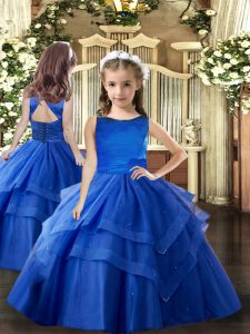 Royal Blue Scoop Neckline Ruffled Layers Kids Pageant Dress Sleeveless Lace Up