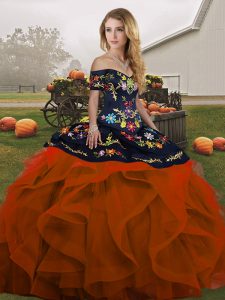Rust Red Lace Up 15th Birthday Dress Embroidery and Ruffles Sleeveless Floor Length