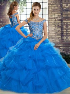 Vintage Off The Shoulder Sleeveless Tulle 15th Birthday Dress Beading and Pick Ups Brush Train Lace Up