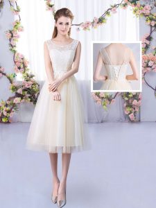Fabulous Champagne Empire Lace Court Dresses for Sweet 16 Lace Up Tulle Sleeveless Tea Length