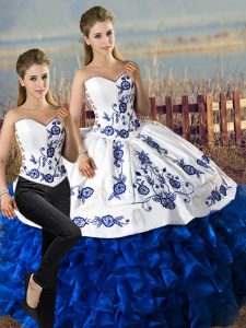 Discount Blue And White Sleeveless Floor Length Embroidery and Ruffles Lace Up 15 Quinceanera Dress