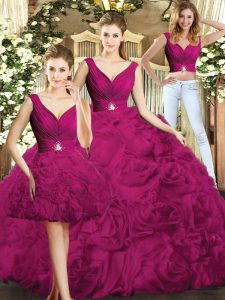 Spectacular Fuchsia Fabric With Rolling Flowers Backless V-neck Sleeveless Floor Length Quince Ball Gowns Beading