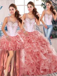 Watermelon Red Sleeveless Floor Length Beading and Ruffles Clasp Handle Quinceanera Dresses