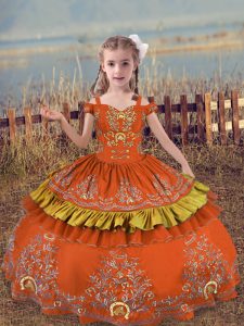 Super Satin Off The Shoulder Sleeveless Lace Up Beading and Embroidery Little Girls Pageant Gowns in Rust Red