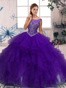 Glittering Floor Length Purple Vestidos de Quinceanera Organza Sleeveless Beading and Ruffles