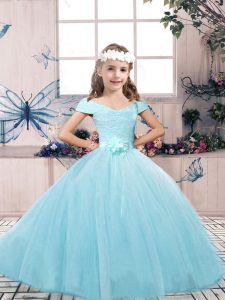 Aqua Blue Ball Gowns Tulle Off The Shoulder Sleeveless Lace and Belt Floor Length Lace Up Child Pageant Dress