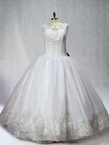 White Lace Up 15 Quinceanera Dress Beading and Appliques Sleeveless Floor Length