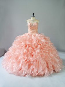 Free and Easy Scoop Sleeveless Lace Up 15 Quinceanera Dress Peach Organza