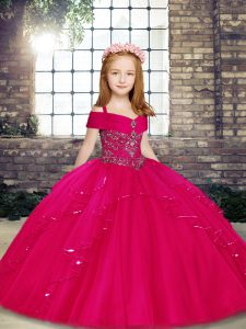 Fuchsia Sleeveless Beading Floor Length Girls Pageant Dresses