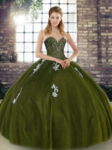 Fantastic Sleeveless Floor Length Beading and Appliques Lace Up Sweet 16 Dresses with Olive Green