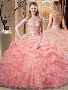 Beading and Ruffles and Pick Ups Quinceanera Gown Peach Lace Up Sleeveless Floor Length