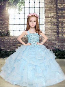 Light Blue Ball Gowns Tulle Straps Sleeveless Beading and Ruffles Floor Length Lace Up Little Girls Pageant Gowns