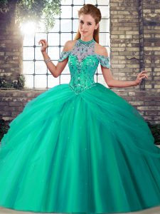Turquoise Tulle Lace Up Halter Top Sleeveless Ball Gown Prom Dress Brush Train Beading and Pick Ups