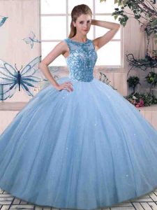 Extravagant Tulle Scoop Sleeveless Lace Up Beading Quinceanera Gown in Blue
