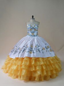 New Arrival Yellow And White Organza Lace Up Sweetheart Sleeveless Floor Length Ball Gown Prom Dress Embroidery and Ruffled Layers