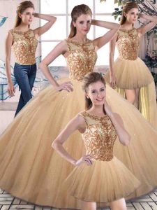 Ideal Gold Tulle Lace Up Sweet 16 Dresses Sleeveless Floor Length Beading