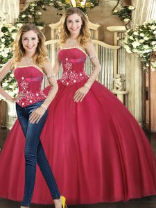 Strapless Sleeveless Sweet 16 Dresses Floor Length Beading Red Tulle
