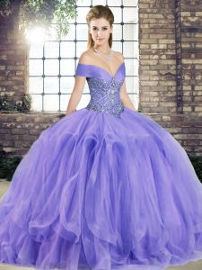 Fashionable Lavender Tulle Lace Up Vestidos de Quinceanera Sleeveless Floor Length Beading and Ruffles