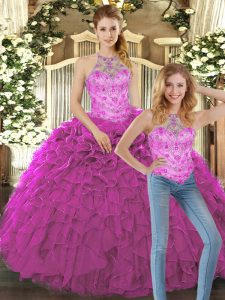 Hot Sale Halter Top Sleeveless Lace Up Quinceanera Gowns Fuchsia Organza