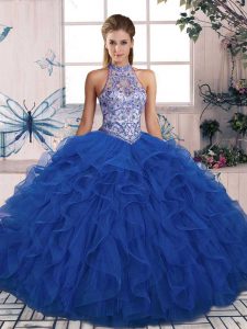 Blue Lace Up Quinceanera Dresses Beading and Ruffles Sleeveless Floor Length