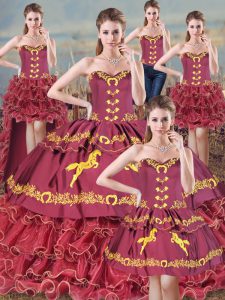 Spectacular Burgundy Ball Gowns Sweetheart Sleeveless Satin and Organza Sweep Train Lace Up Embroidery and Ruffles Sweet 16 Dresses
