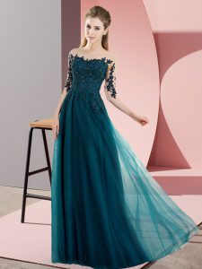Top Selling Peacock Green Chiffon Lace Up Quinceanera Court of Honor Dress Half Sleeves Floor Length Beading and Lace