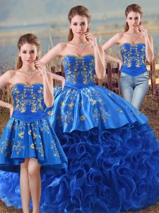 Cute Royal Blue Lace Up 15th Birthday Dress Embroidery and Ruffles Sleeveless Floor Length
