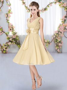 V-neck Sleeveless Lace Up Dama Dress for Quinceanera Champagne Chiffon