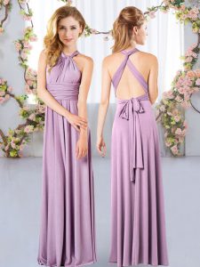 Sleeveless Floor Length Ruching Criss Cross Vestidos de Damas with Lavender
