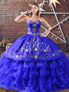 Best Sweetheart Sleeveless Sweet 16 Quinceanera Dress Floor Length Embroidery and Ruffled Layers Royal Blue Organza