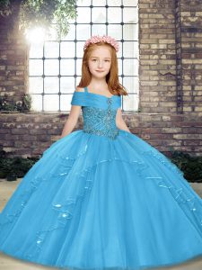 Super Tulle Sleeveless Floor Length Little Girls Pageant Dress Wholesale and Beading