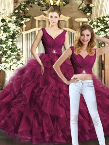 Burgundy Two Pieces Tulle V-neck Sleeveless Beading and Ruffles Floor Length Backless Vestidos de Quinceanera