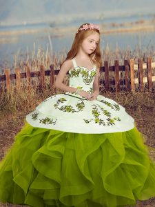 Customized Olive Green Long Sleeves Floor Length Embroidery and Ruffles Lace Up Custom Made Pageant Dress
