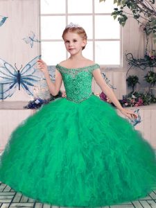 Nice Green Kids Pageant Dress Party and Sweet 16 and Wedding Party with Beading Off The Shoulder Sleeveless Lace Up