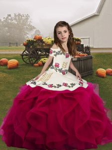 Best Floor Length Lace Up Little Girls Pageant Gowns Fuchsia for Party and Military Ball and Wedding Party with Embroidery and Ruffles