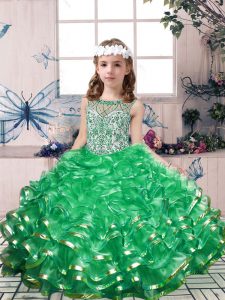 Elegant Green Ball Gowns Beading and Ruffles Pageant Dress for Teens Lace Up Organza Sleeveless Floor Length