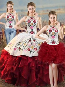 Floor Length White And Red Vestidos de Quinceanera Organza Sleeveless Embroidery and Ruffles