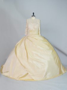 Luxurious Long Sleeves Taffeta Brush Train Lace Up Quince Ball Gowns in Yellow with Lace