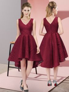 Shining Lace V-neck Sleeveless Zipper Lace Damas Dress in Burgundy