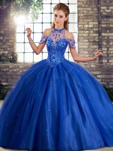 Excellent Royal Blue Quinceanera Dress Military Ball and Sweet 16 and Quinceanera with Beading Halter Top Sleeveless Brush Train Lace Up
