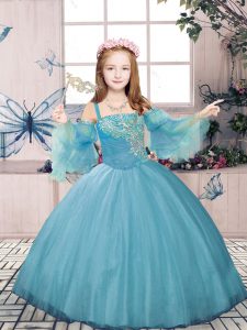 Blue Ball Gowns Straps Sleeveless Tulle Floor Length Lace Up Beading Kids Pageant Dress