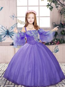 Trendy Straps Sleeveless Tulle Girls Pageant Dresses Beading Lace Up