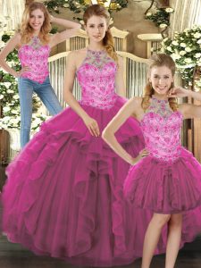 Simple Halter Top Sleeveless Tulle 15th Birthday Dress Beading and Ruffles Lace Up