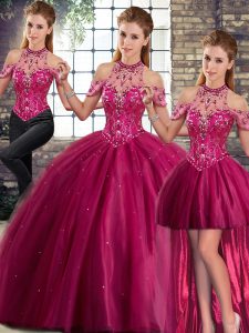 Superior Beading Quinceanera Dresses Fuchsia Lace Up Sleeveless Brush Train