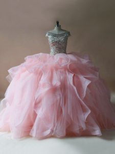 Sweet Off The Shoulder Sleeveless Vestidos de Quinceanera Brush Train Beading and Ruffles Pink Tulle