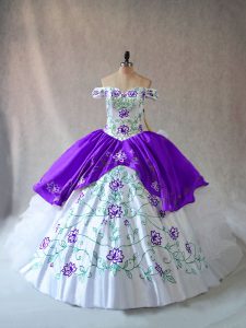 Embroidery and Ruffles Ball Gown Prom Dress White And Purple Lace Up Sleeveless Floor Length
