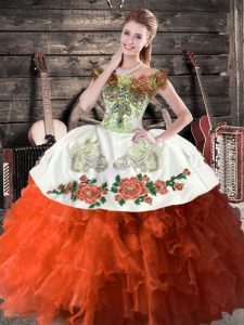 Spectacular Rust Red Lace Up Ball Gown Prom Dress Embroidery and Ruffles Sleeveless Floor Length
